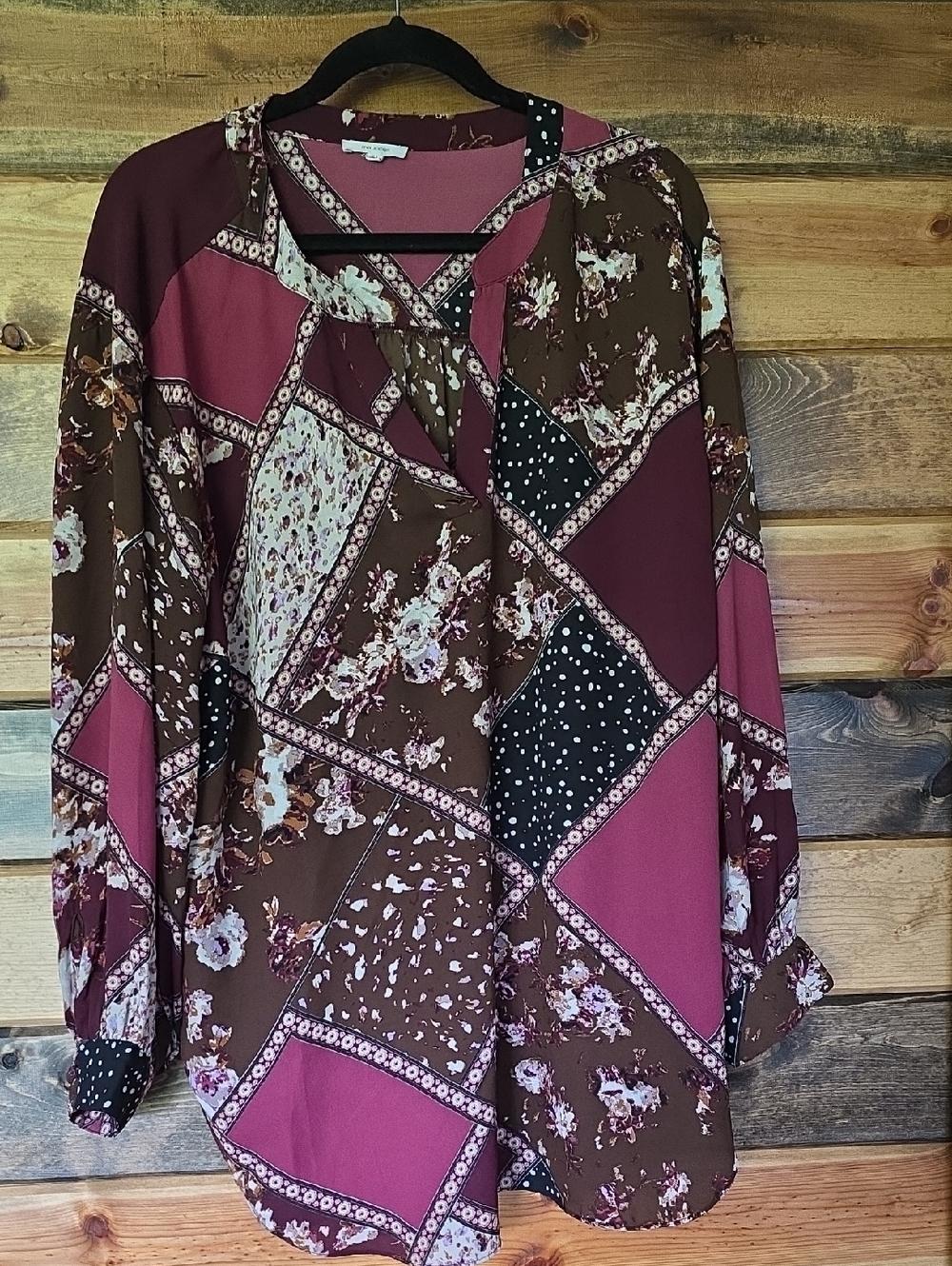 Maurices Patchwork Floral Tie-Neck Blouse - Plum, Brown, Black